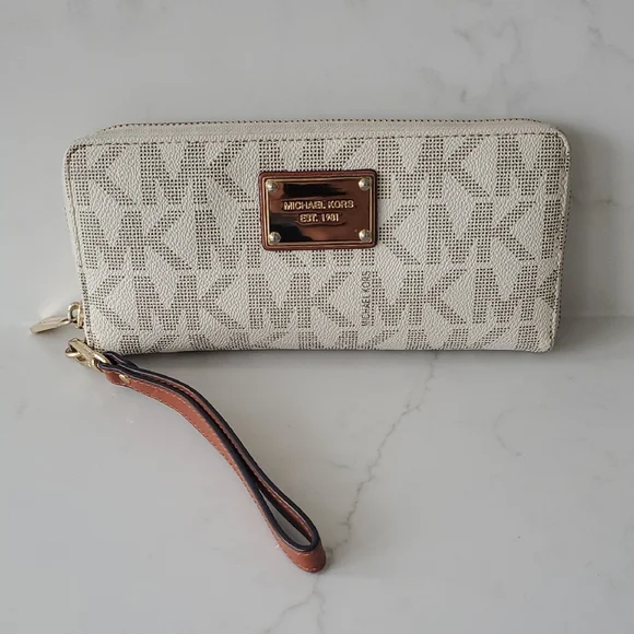 Michael Kors Cream and Brown Logo Wristlet - Picture 2 of 11